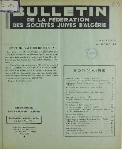 Bulletin de la Fédération des sociétés juives d’Algérie  V°05 N°43 (01/05/1938)